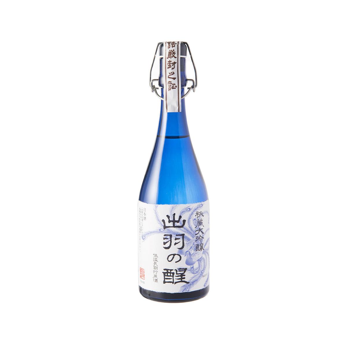 DEWATSURU daiginjo sake bottle, blue glass with paper label and metal wire cap