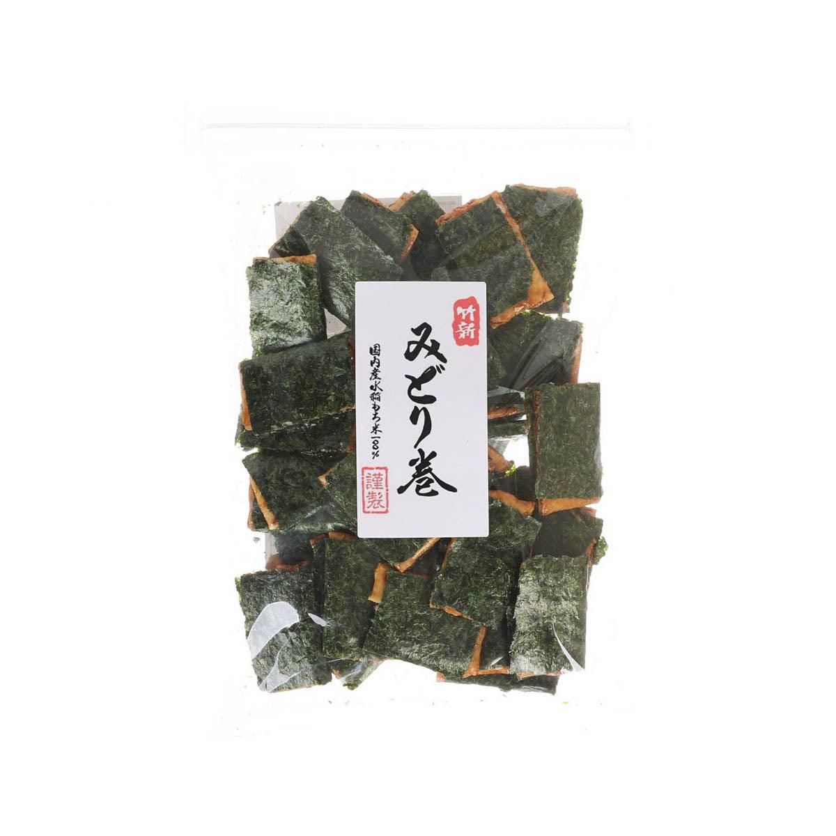 Seaweed rolled rice crackers in sealed bag, green nori squares with label