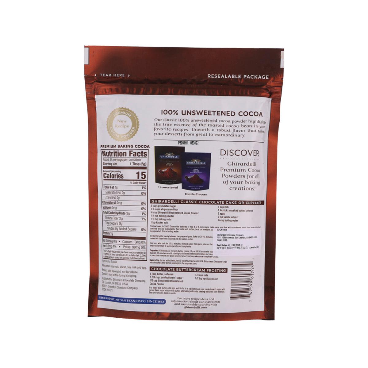 GHIRARDELLI 100% unsweetened cocoa powder resealable pouch, back view