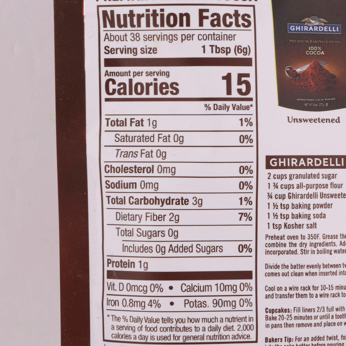 Nutrition Facts label for GHIRARDELLI unsweetened cocoa powder, 15 calories