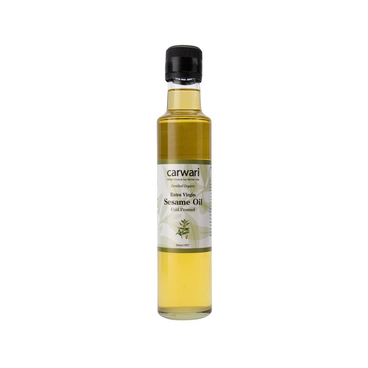 CARWARI organic extra virgin sesame oil bottle, 250 mL, amber glass with black cap