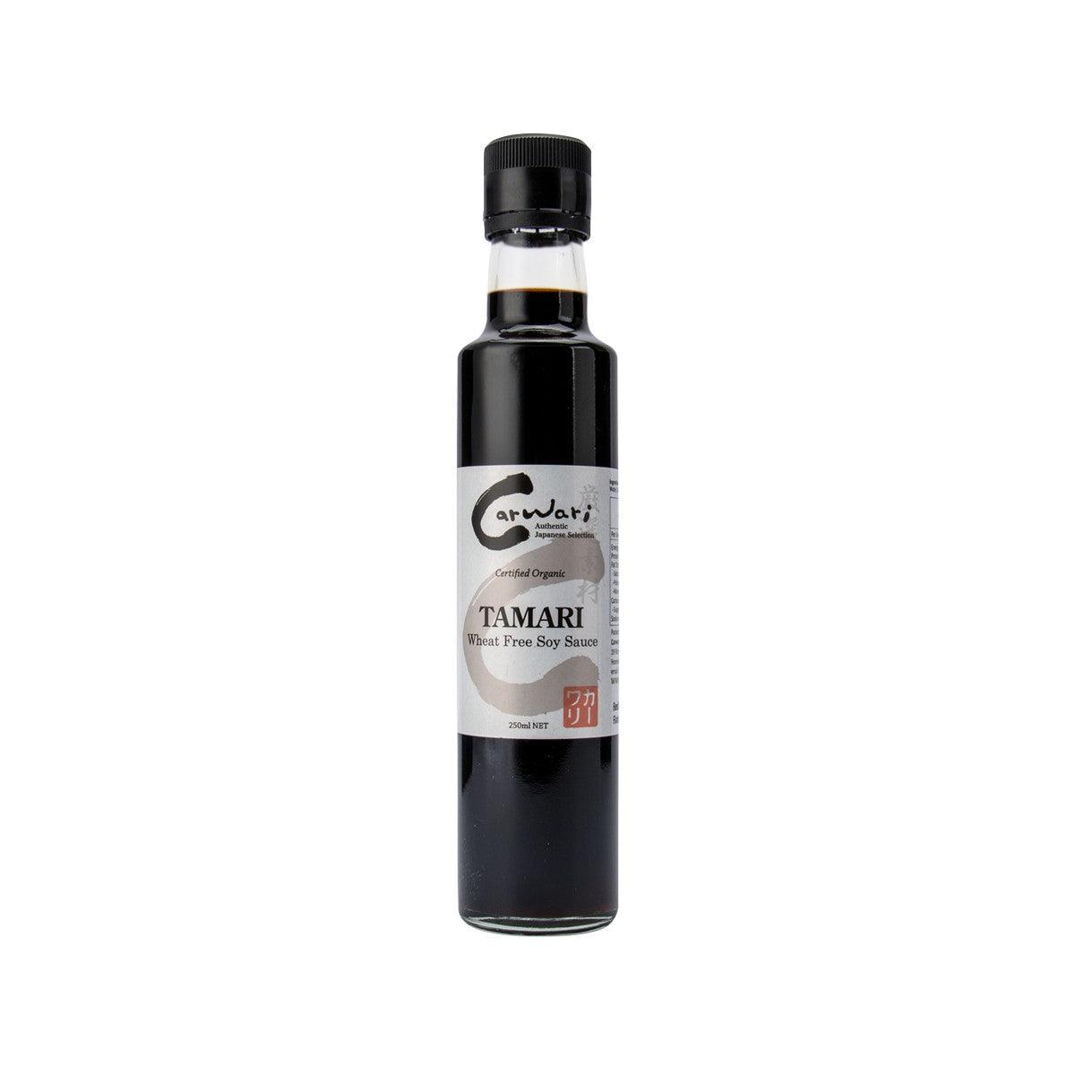 CARWARI tamari wheat-free soy sauce bottle, 250 mL, dark glass with black cap