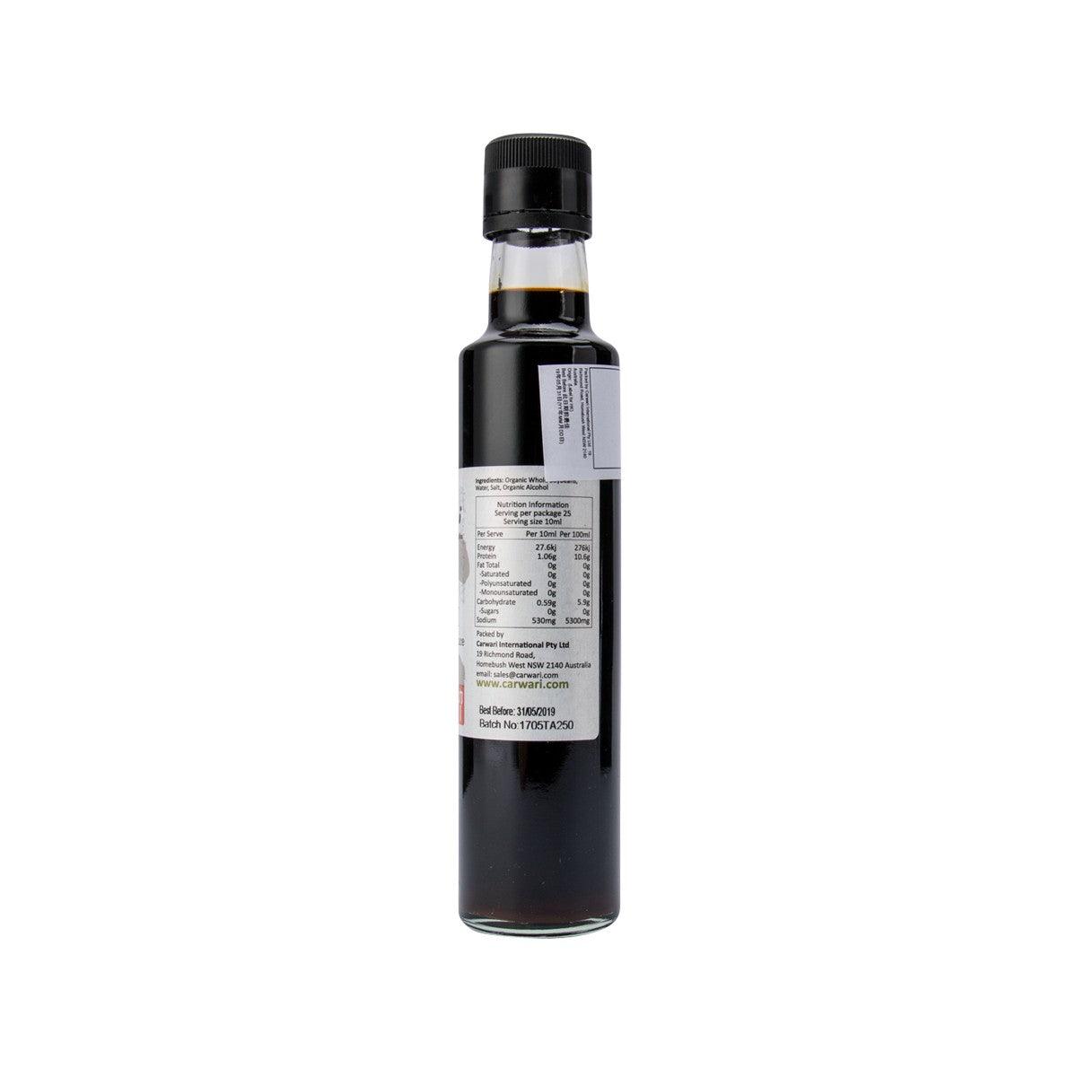 CARWARI tamari wheat-free soy sauce bottle, side view with nutritional label, black cap