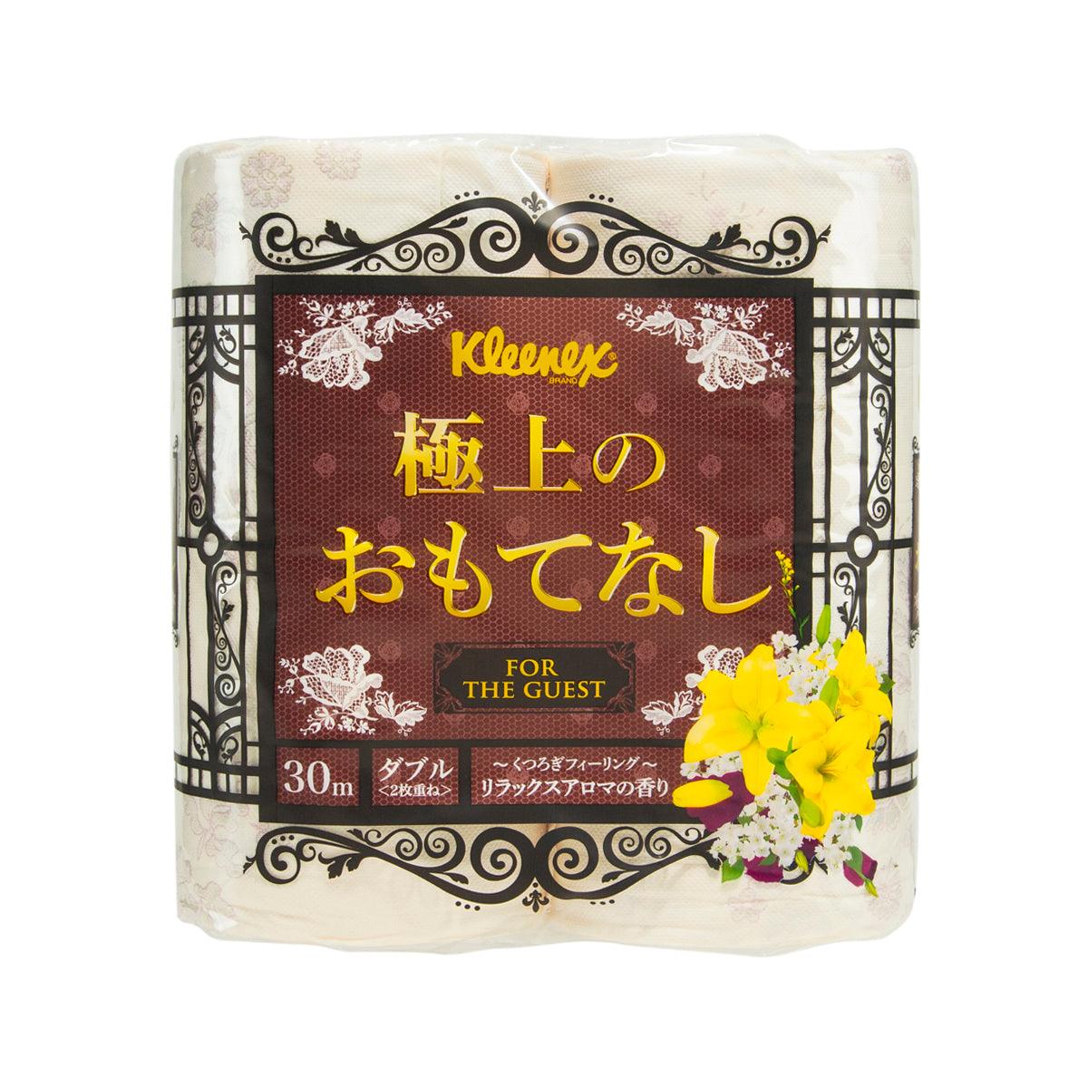 Kleenex printed bathroom tissues pack, cream with ornate maroon design and “For the Guest”.