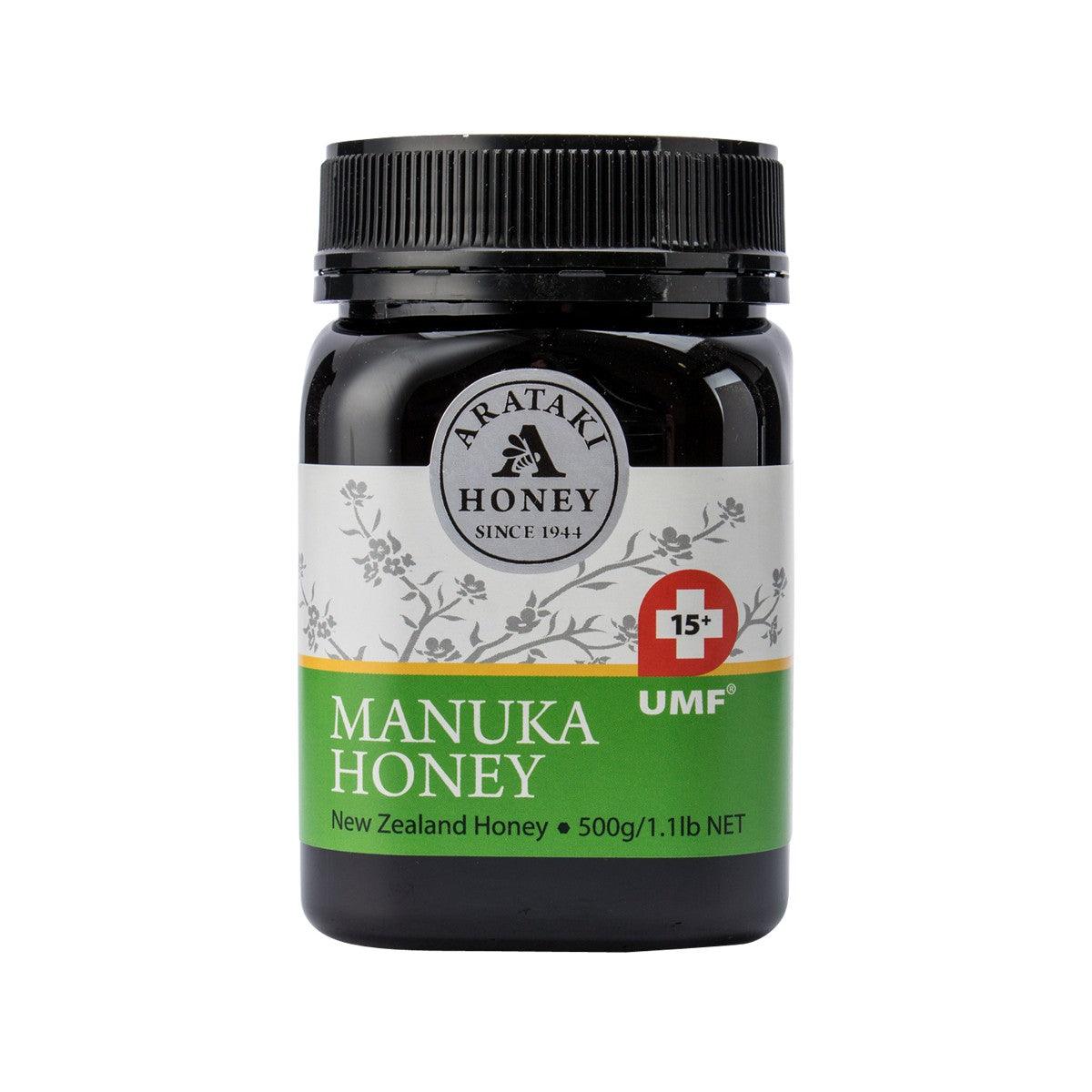 Manuka honey jar, UMF15+ 500g, green label on black glass
