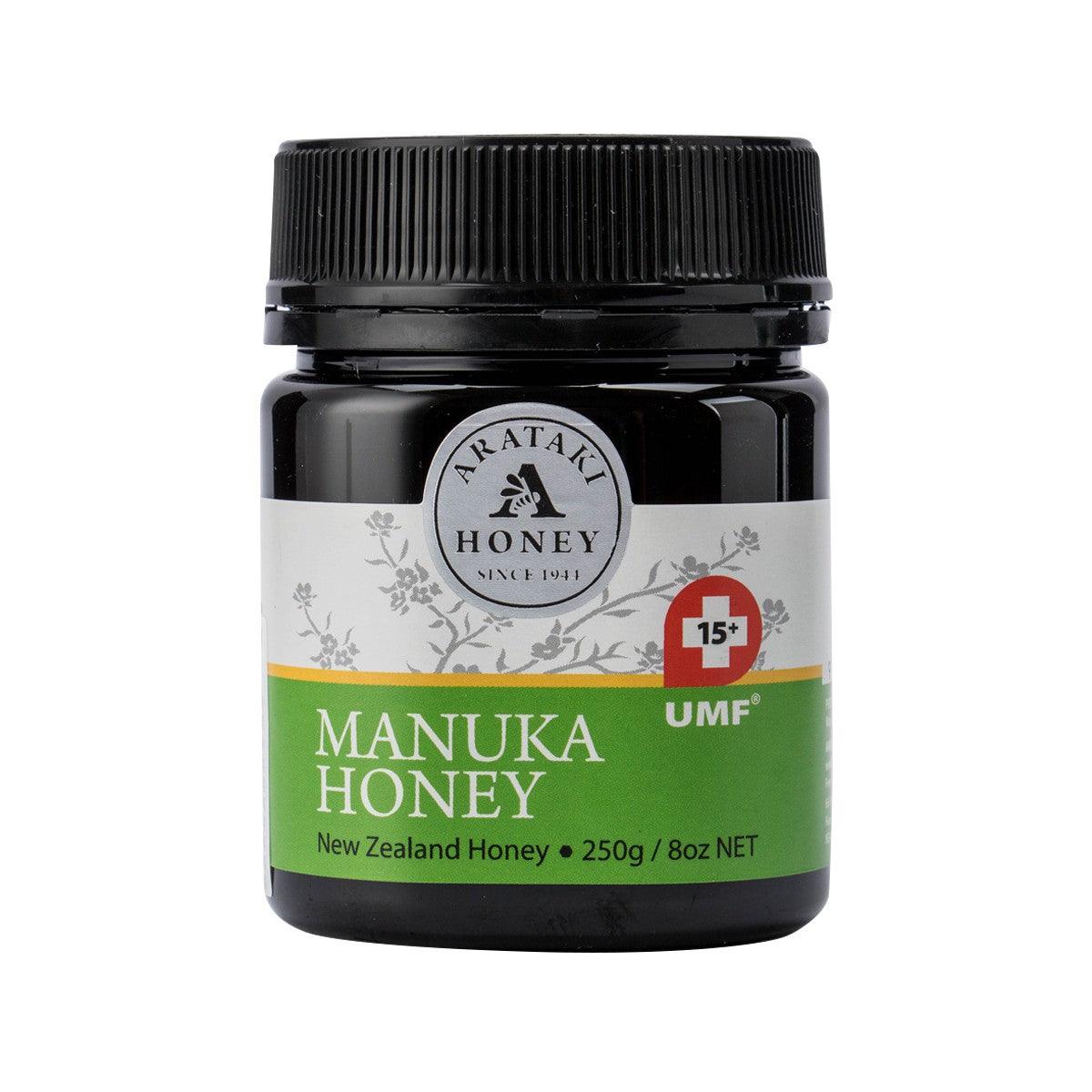 ARATAKI UMF15+ Manuka honey jar, 250g, black cap, green front label