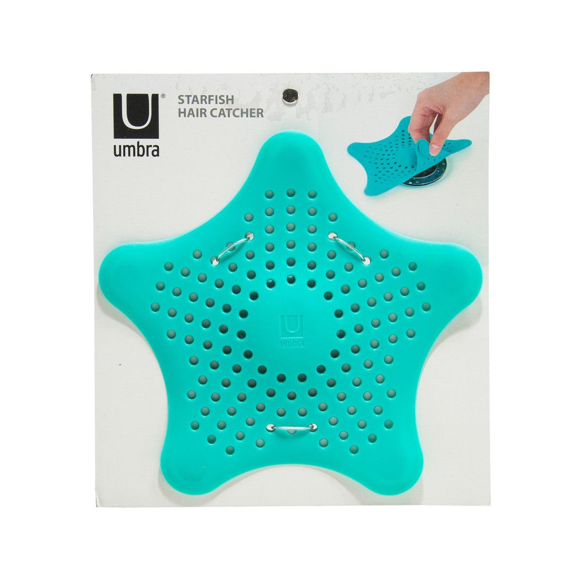 Starfish hair catcher, teal silicone with perforations for trapping hair