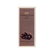 Coffee praline dark chocolate bar package, dark brown label with chocolate beans graphic