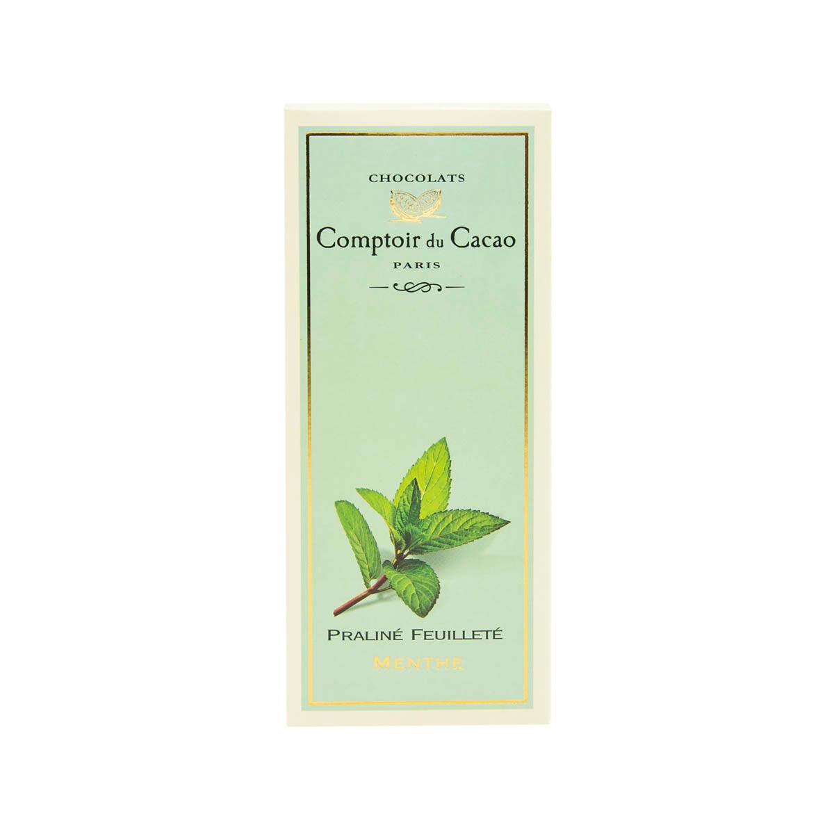 Mint praline chocolate bar, green package with leaf illustration