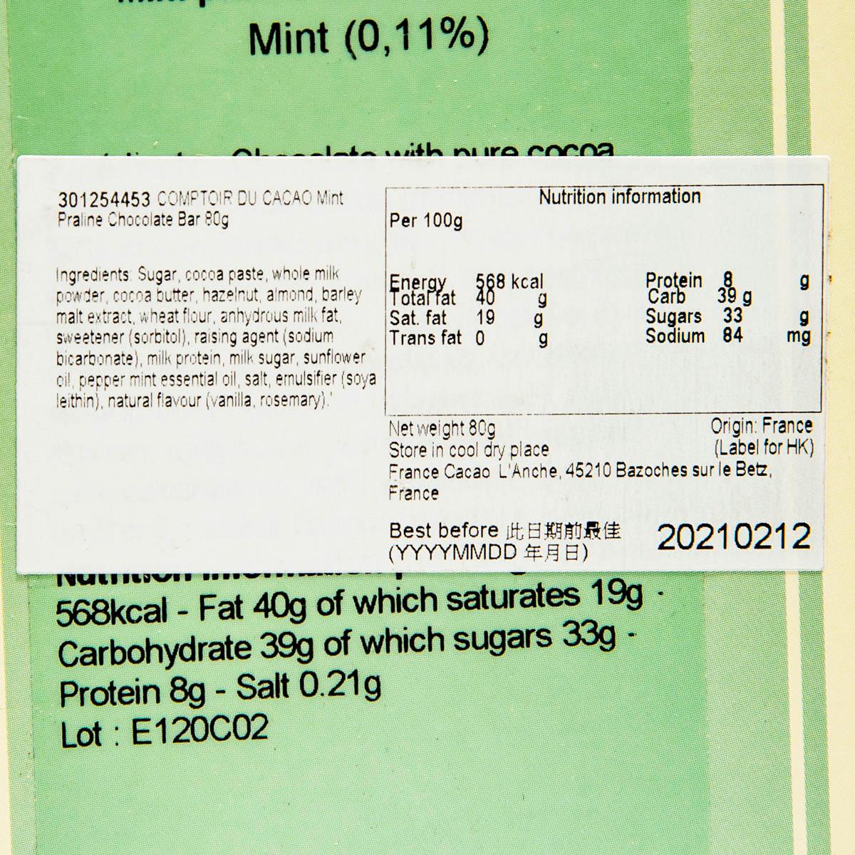 Mint praline chocolate bar nutrition information panel close-up