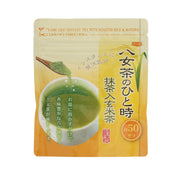 Instant green tea powder pouch with roasted rice and matcha, front label design