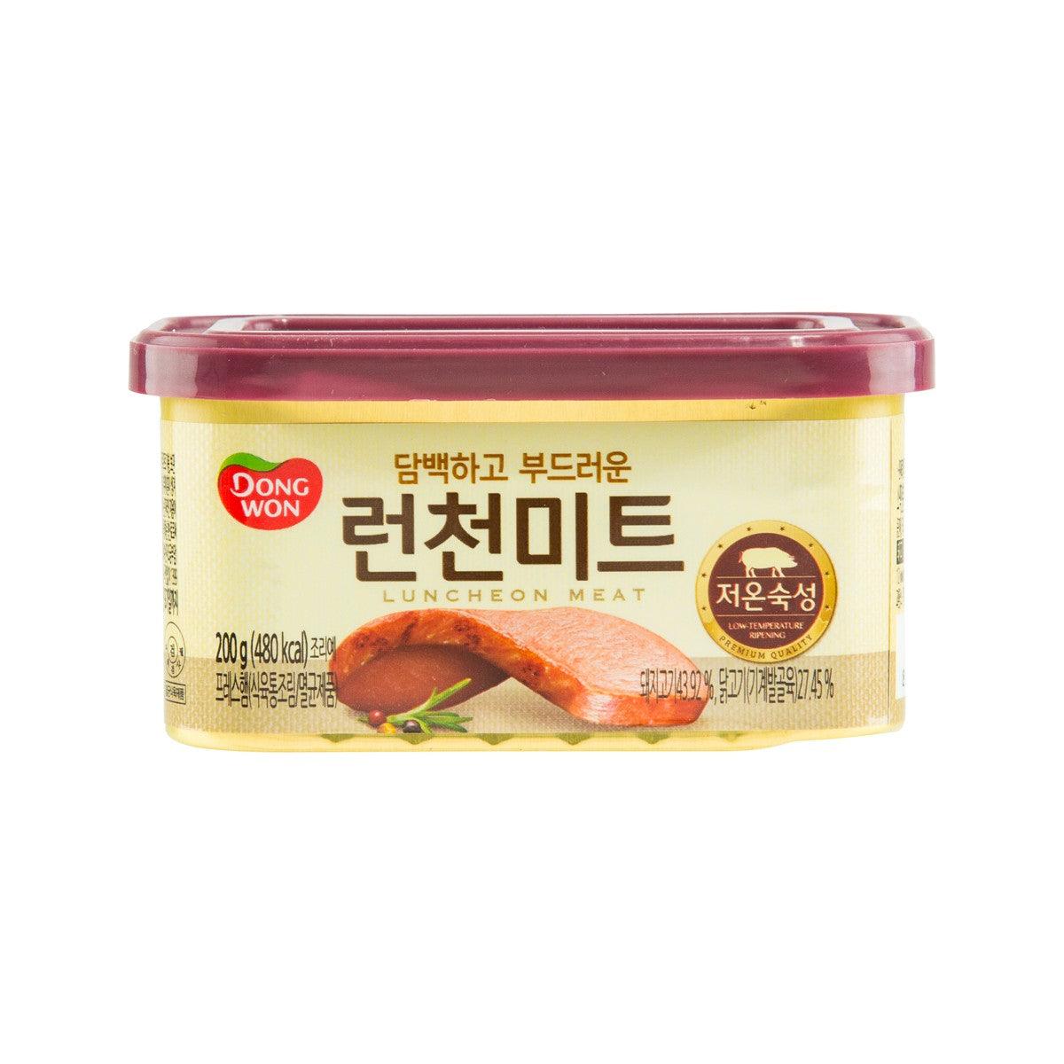 DONGWON luncheon meat tub, yellow label with red lid and meat slice graphics