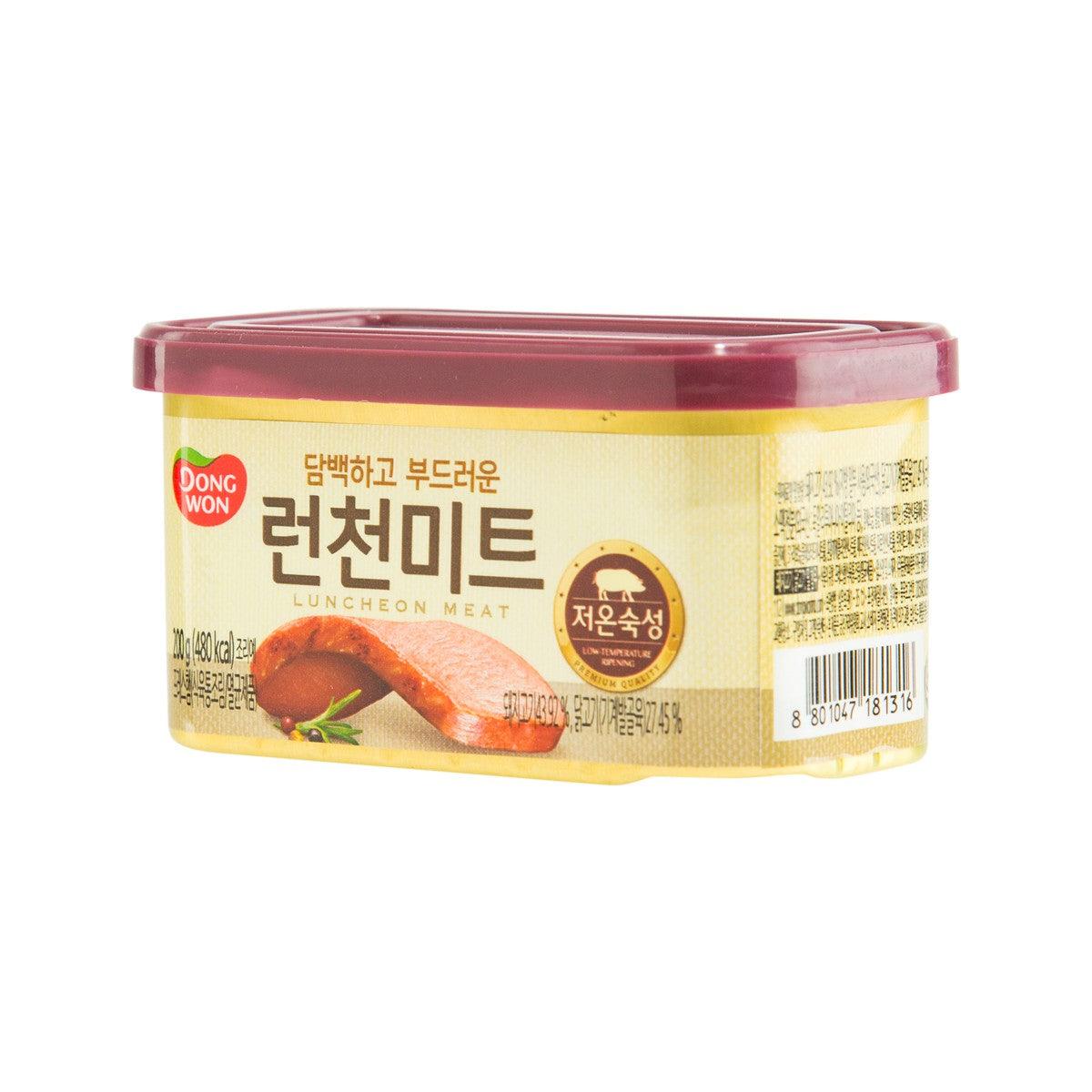 DONGWON luncheon meat tub with barcode, yellow label and red-tinted lid