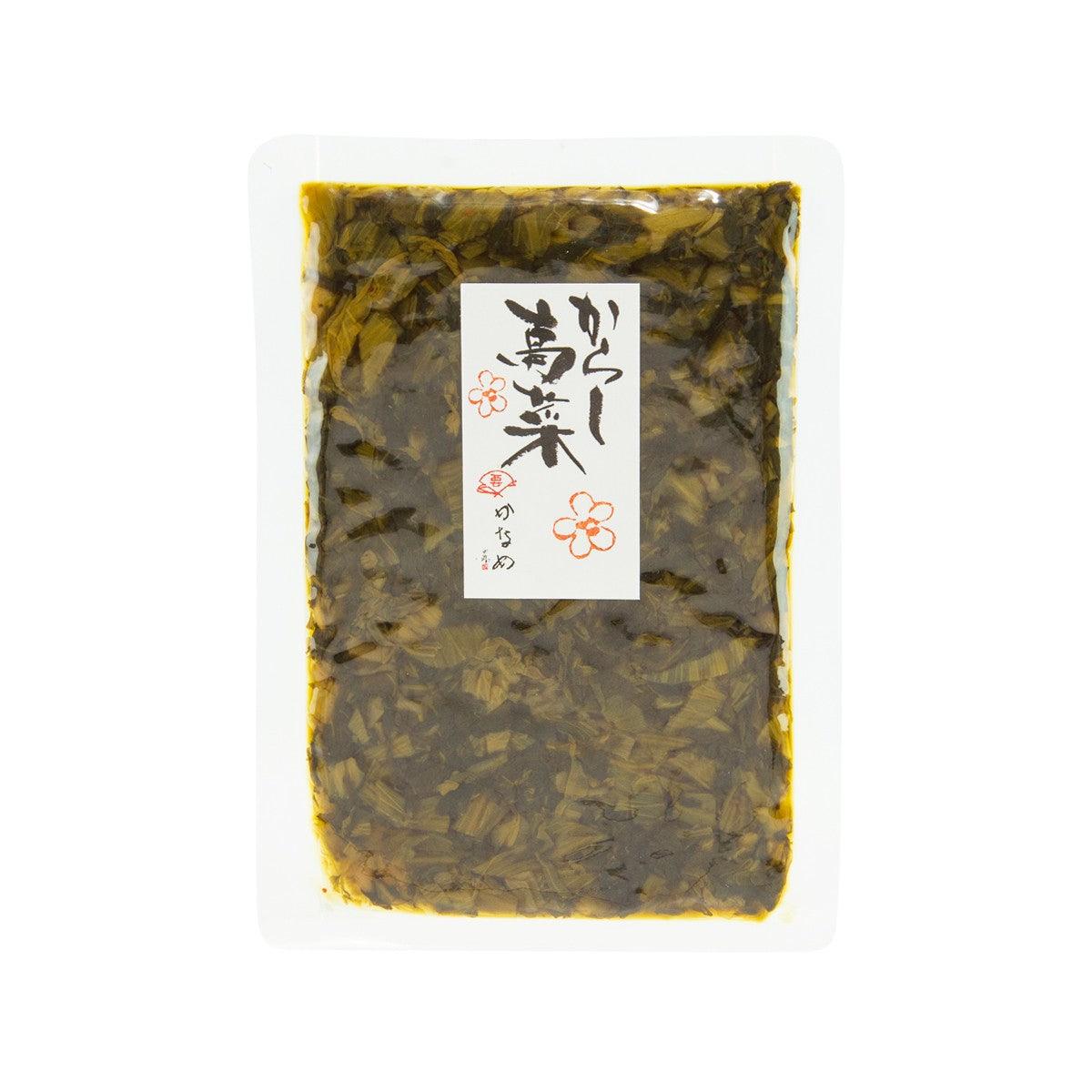 Spicy takana pickles in sealed tray package, dark green shredded vegetables with front label