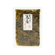Spicy takana pickles in sealed tray package, dark green shredded vegetables with front label