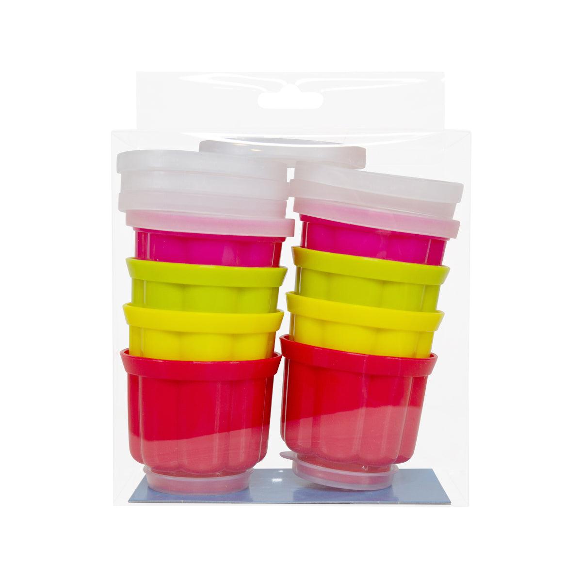 Mini coloured jelly mould set: red, yellow and pink silicone cups with lids, 8 pcs.