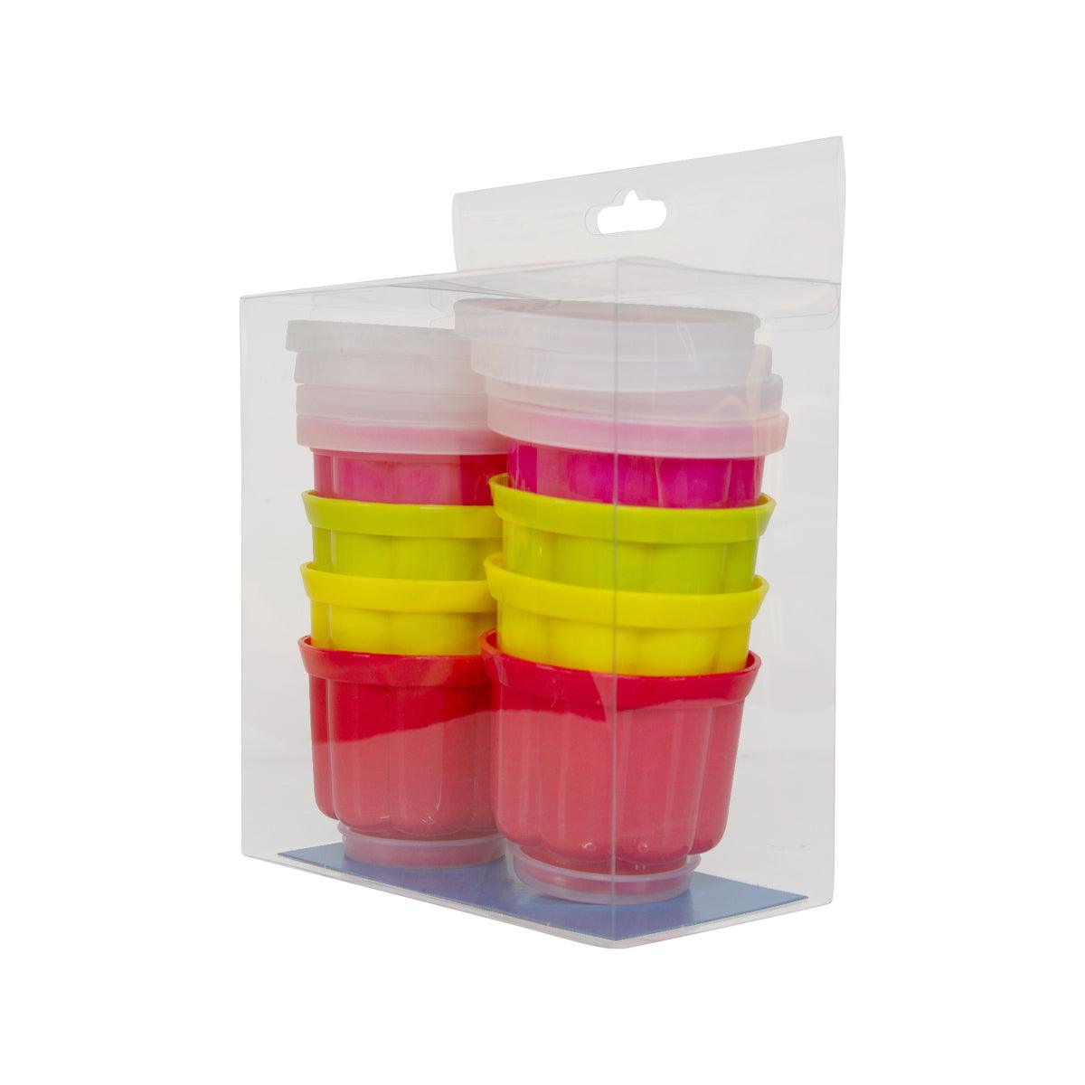 Mini coloured jelly moulds in blister pack with red, yellow and pink cups, 8 pcs.