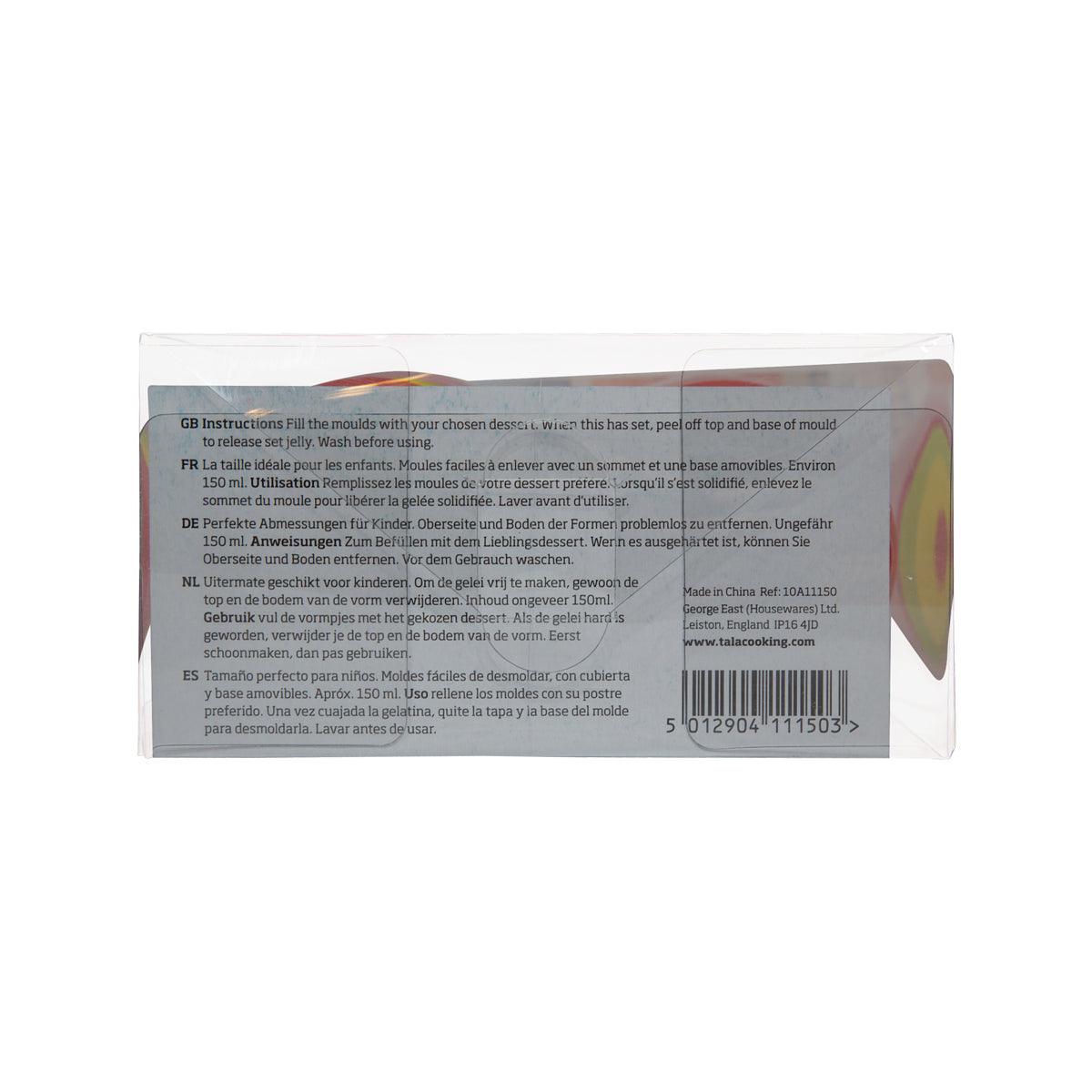 Mini jelly moulds packaging back panel showing instructions and barcode.