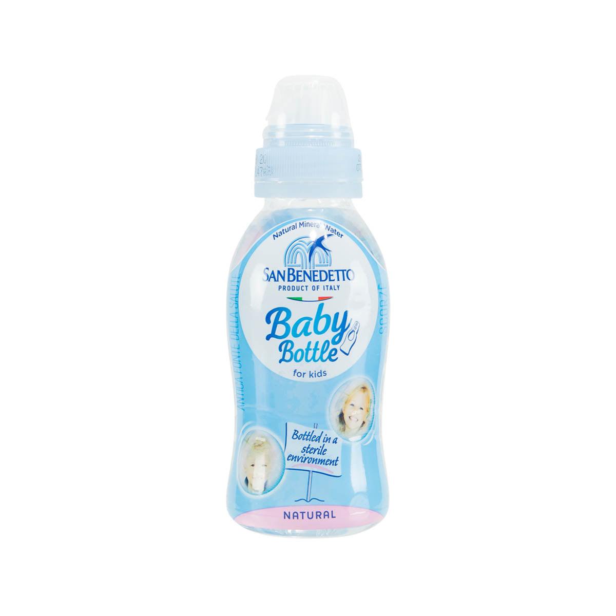 SAN BENEDETTO baby bottle, 250 mL, clear blue liquid container with white cap