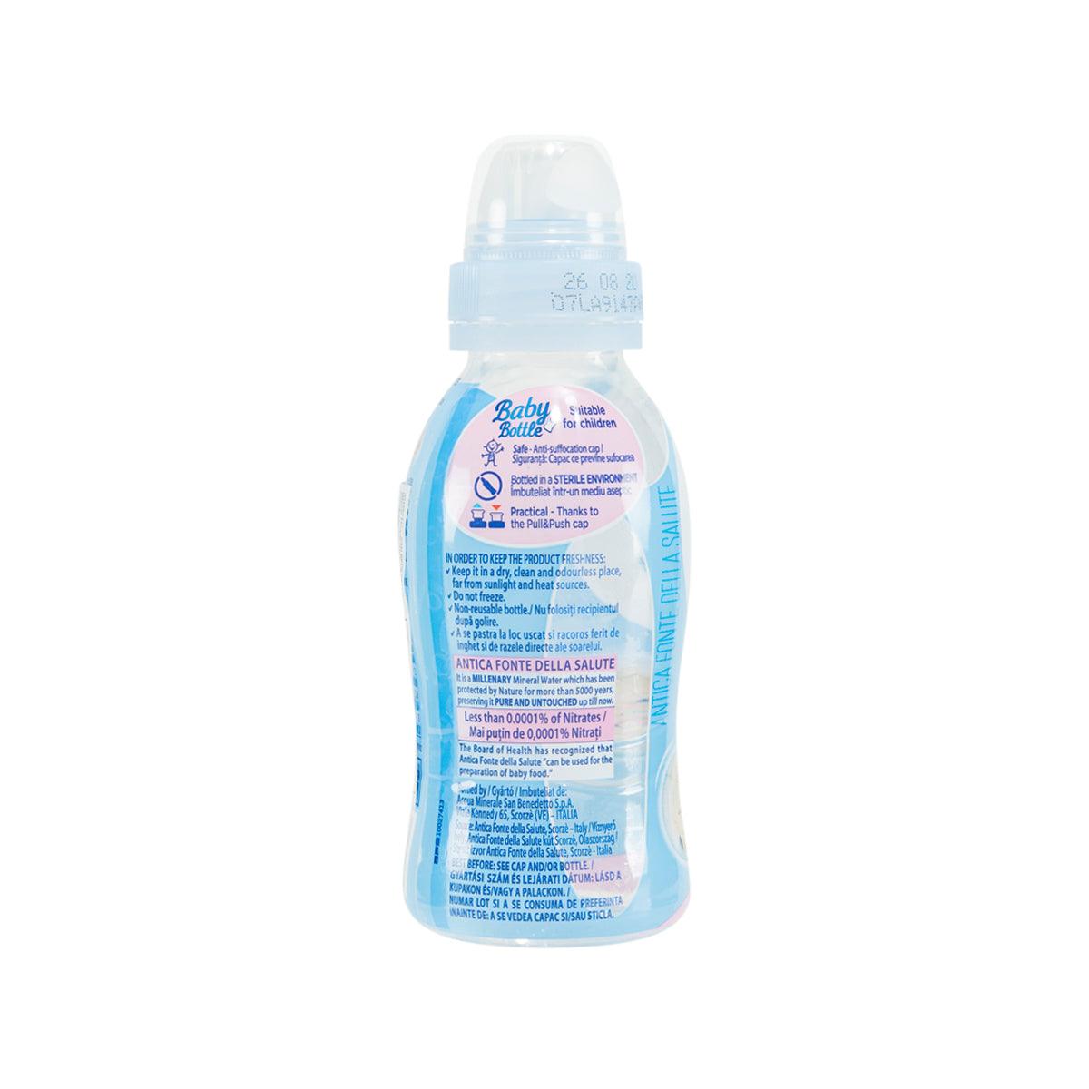 SAN BENEDETTO baby bottle back label with blue text and white dispensing cap