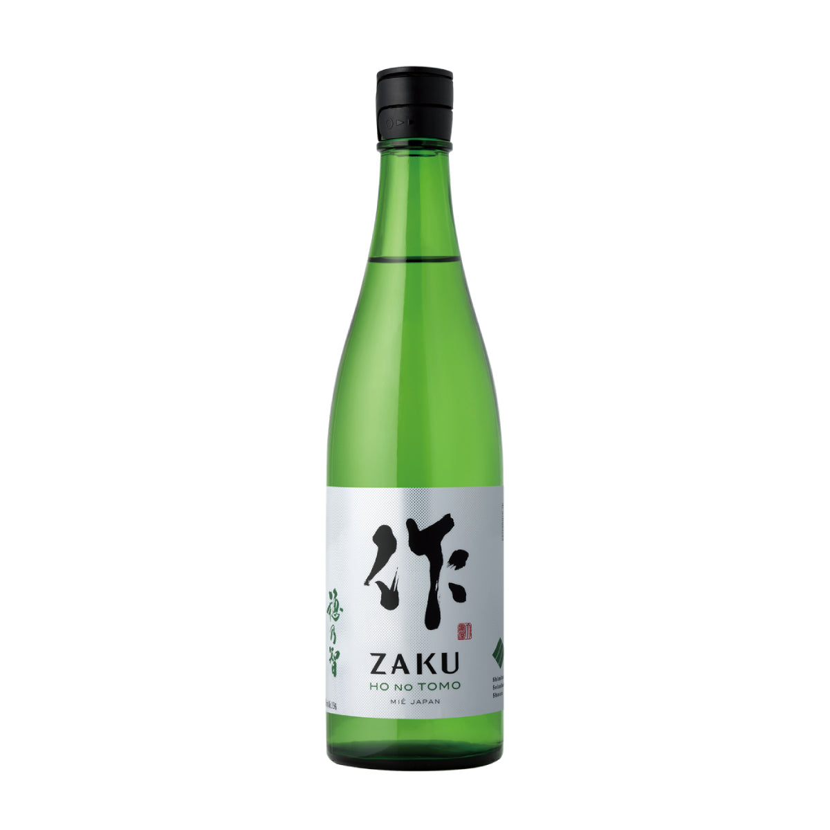 ZAKU Honotomo junmai sake bottle, green glass with black cap and white label