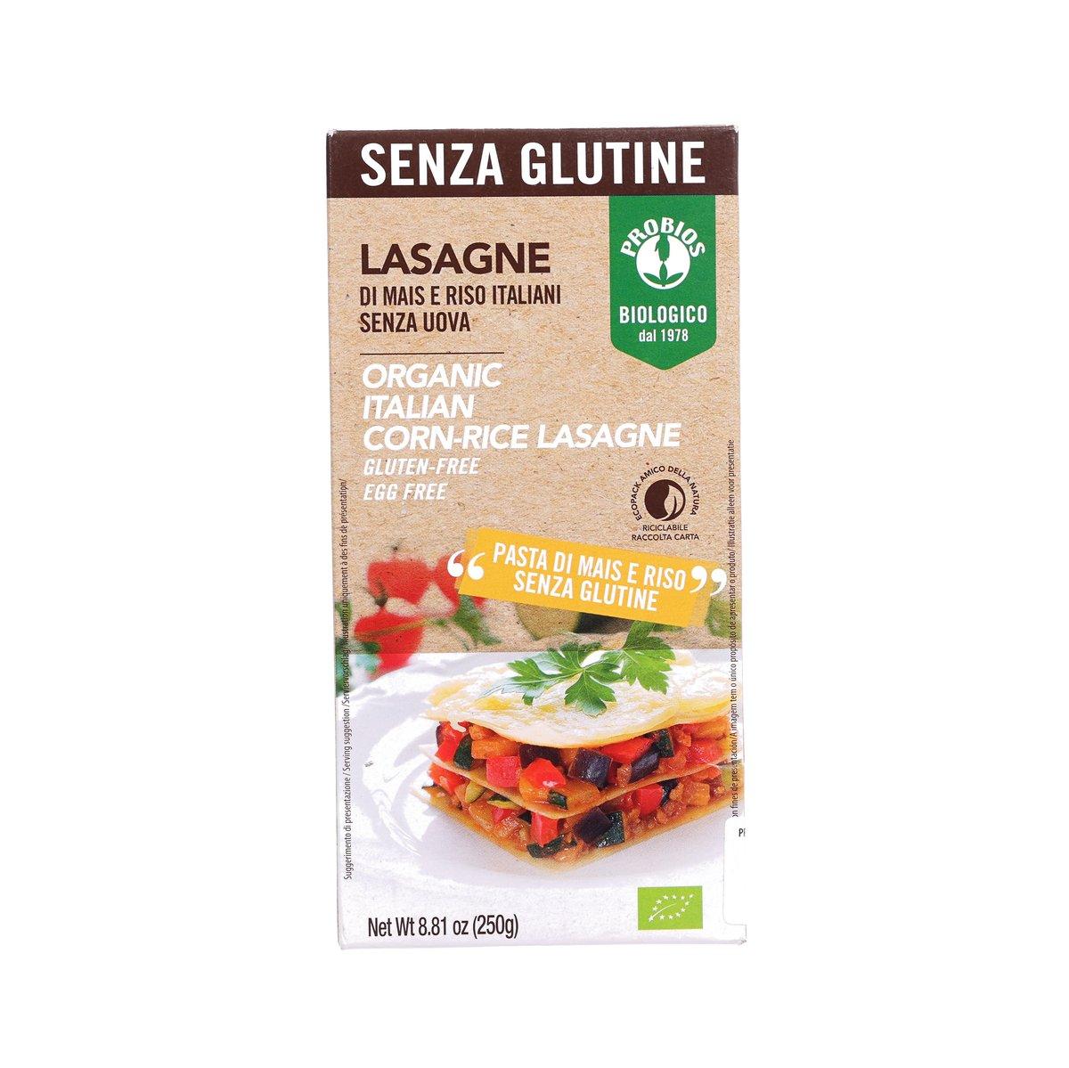 Gluten-free organic corn-rice lasagne box, front with brand badge and image