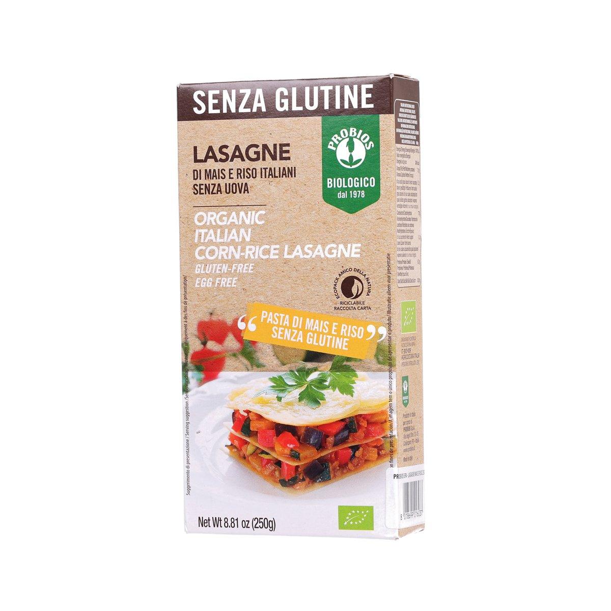 Gluten-free organic corn-rice lasagne box, front showing serving photo and label