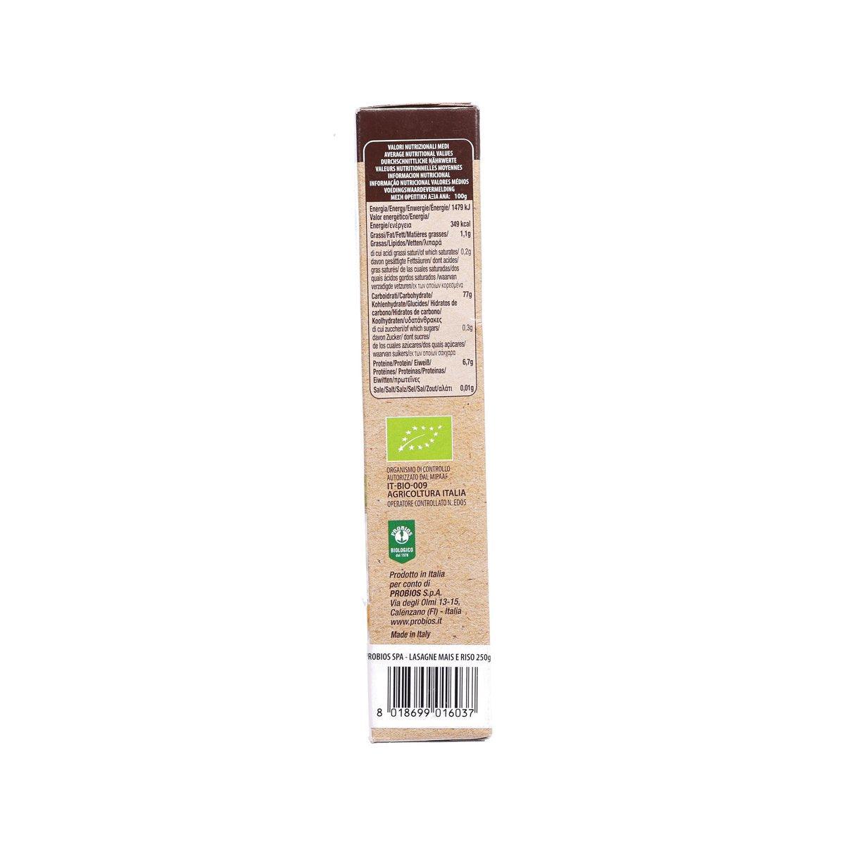 Gluten-free organic corn-rice lasagne box, back with barcode and product details