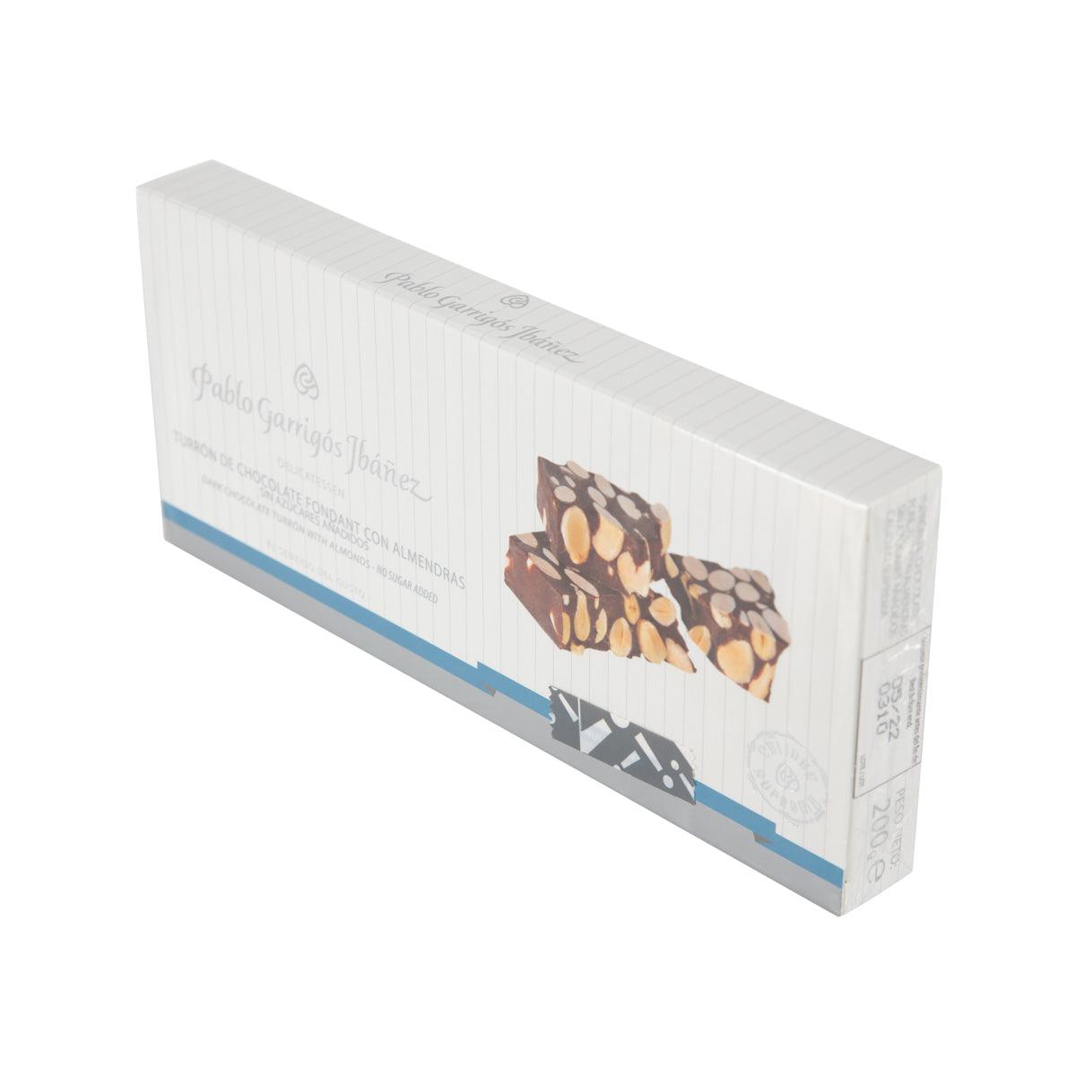 No sugar added dark chocolate turron with almonds, side view 200 g box