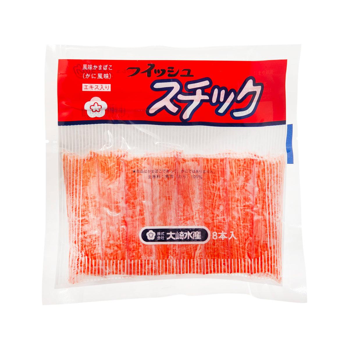 Crab flavor fish stick bag with red label and visible pink fish sticks