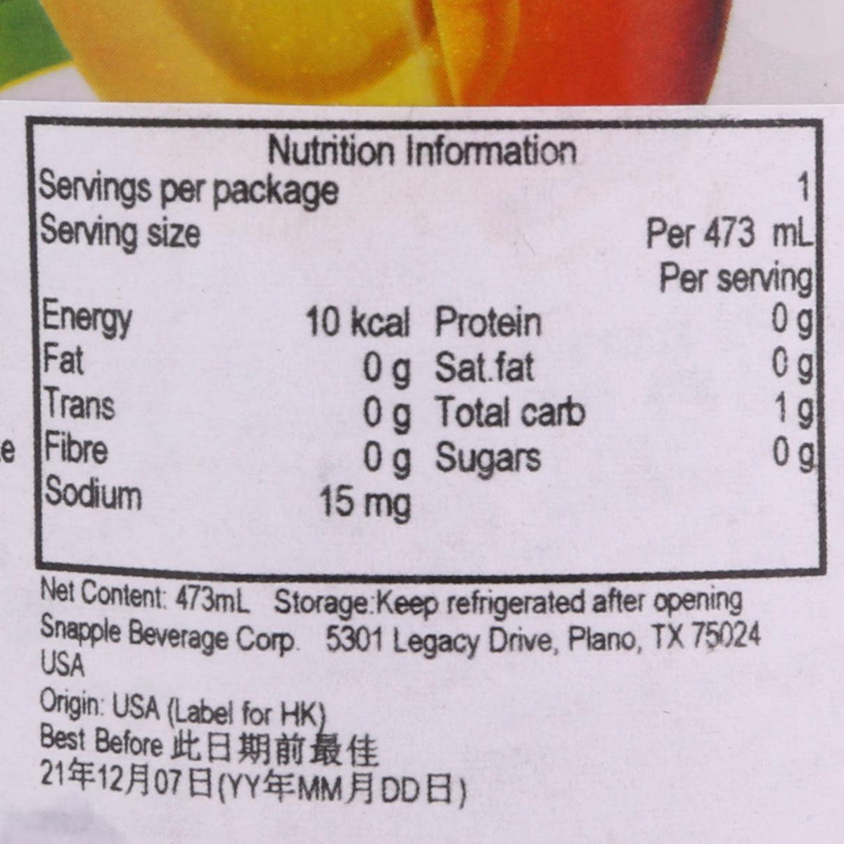 SNAPPLE Diet half n' half tea nutrition information panel for 473 mL serving