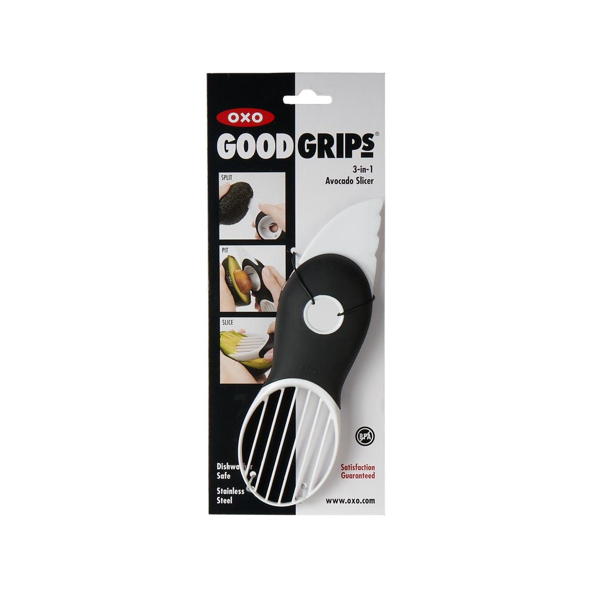 OXO 3-in-1 avocado slicer, black handle, stainless steel grid blade