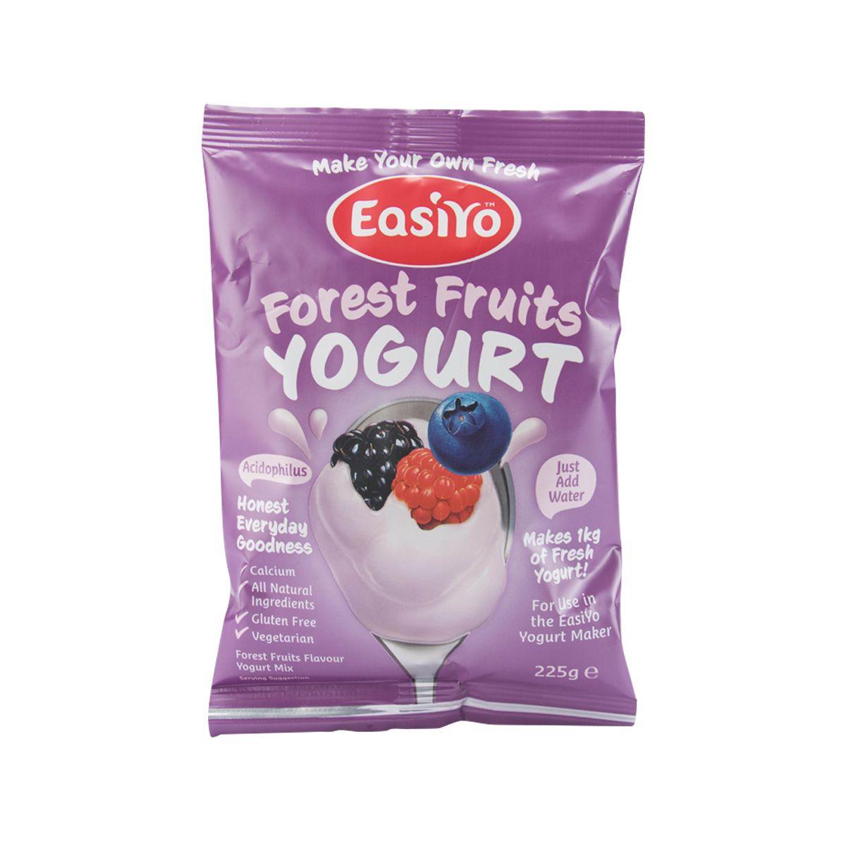 EASIYO forest fruits yogurt base pouch, purple front with berry and yogurt graphics, 225g
