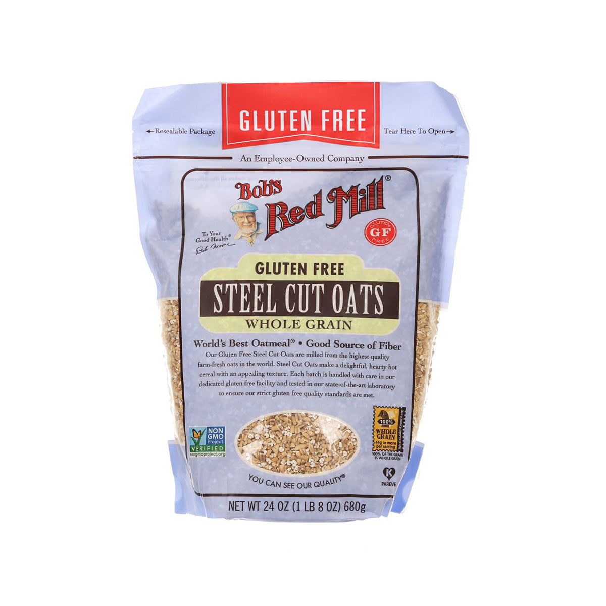 Gluten-free steel cut oats bag with BOB'S RED MILL branding and GF seal