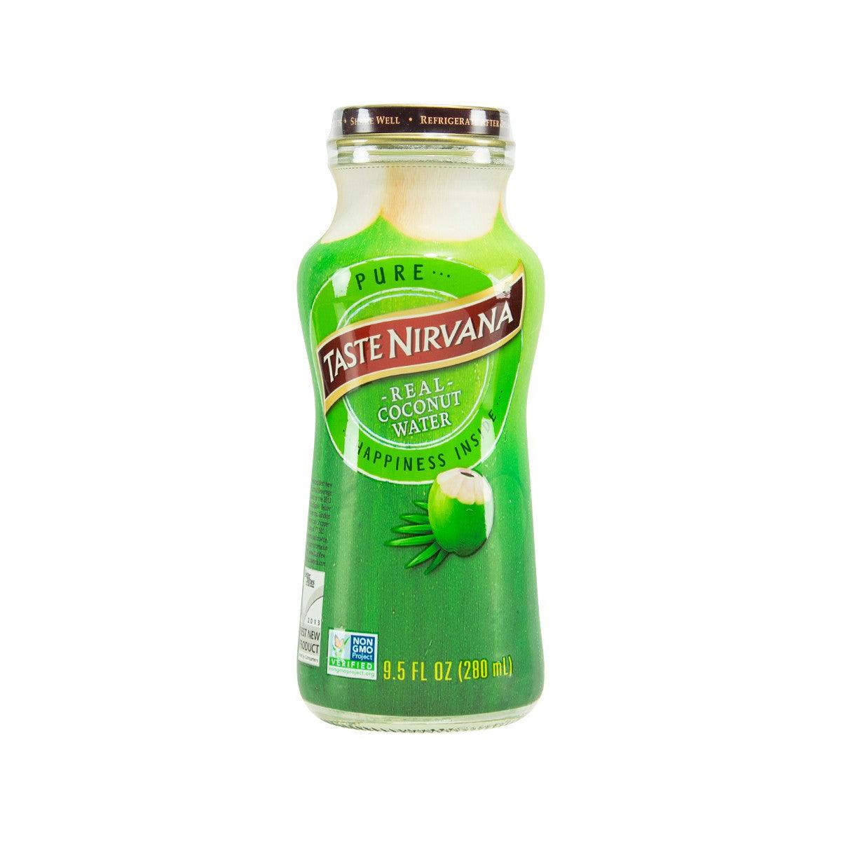 Coconut water bottle with green label and clear top, 280 ml