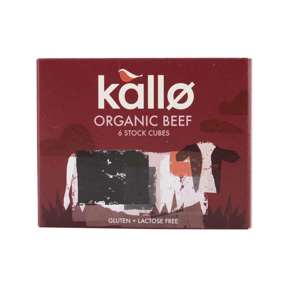 Kallo organic beef stock cubes box with 6 gluten- and lactose-free stock cubes