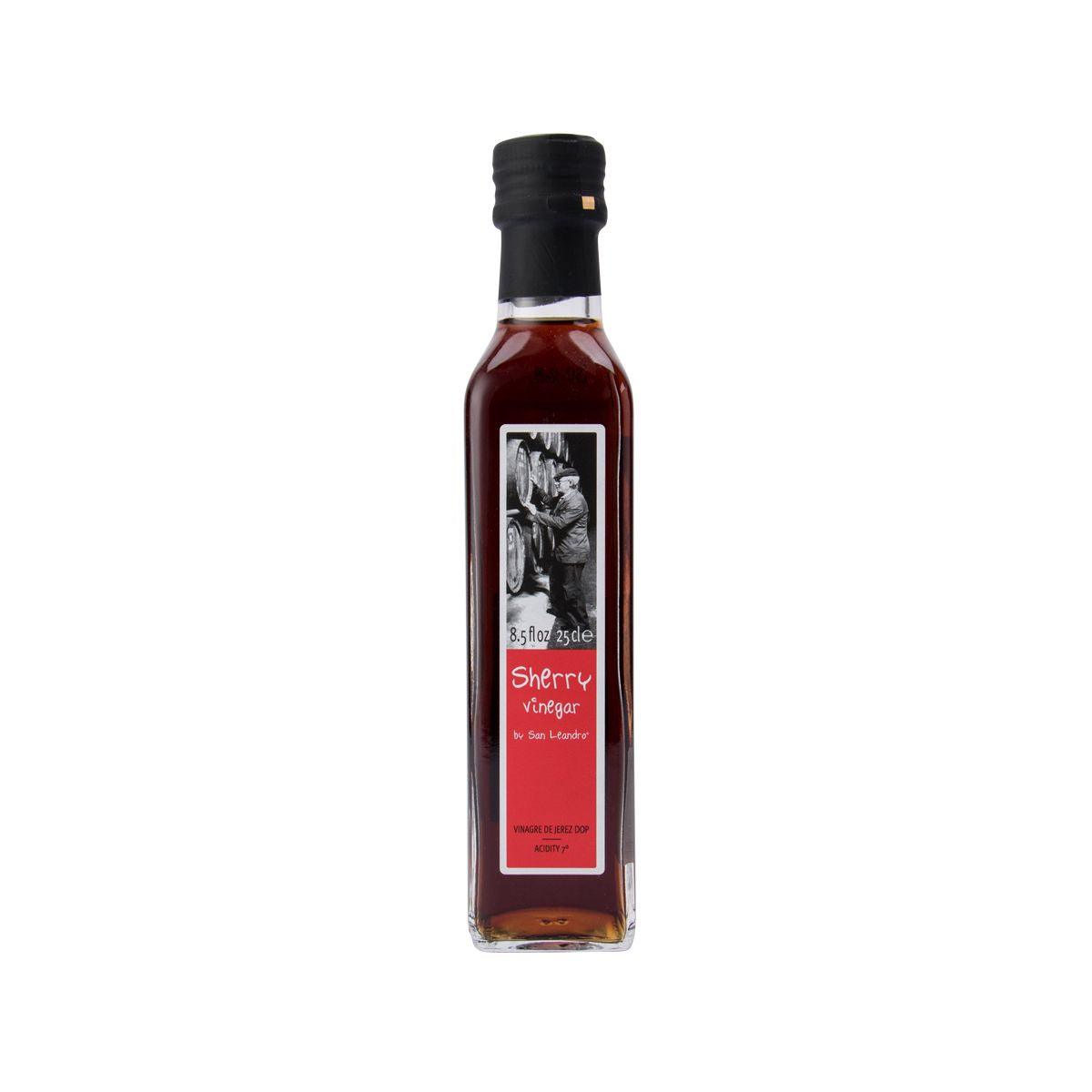 Vinegar bottle with sherry label, dark amber liquid, black screw cap, front illustration