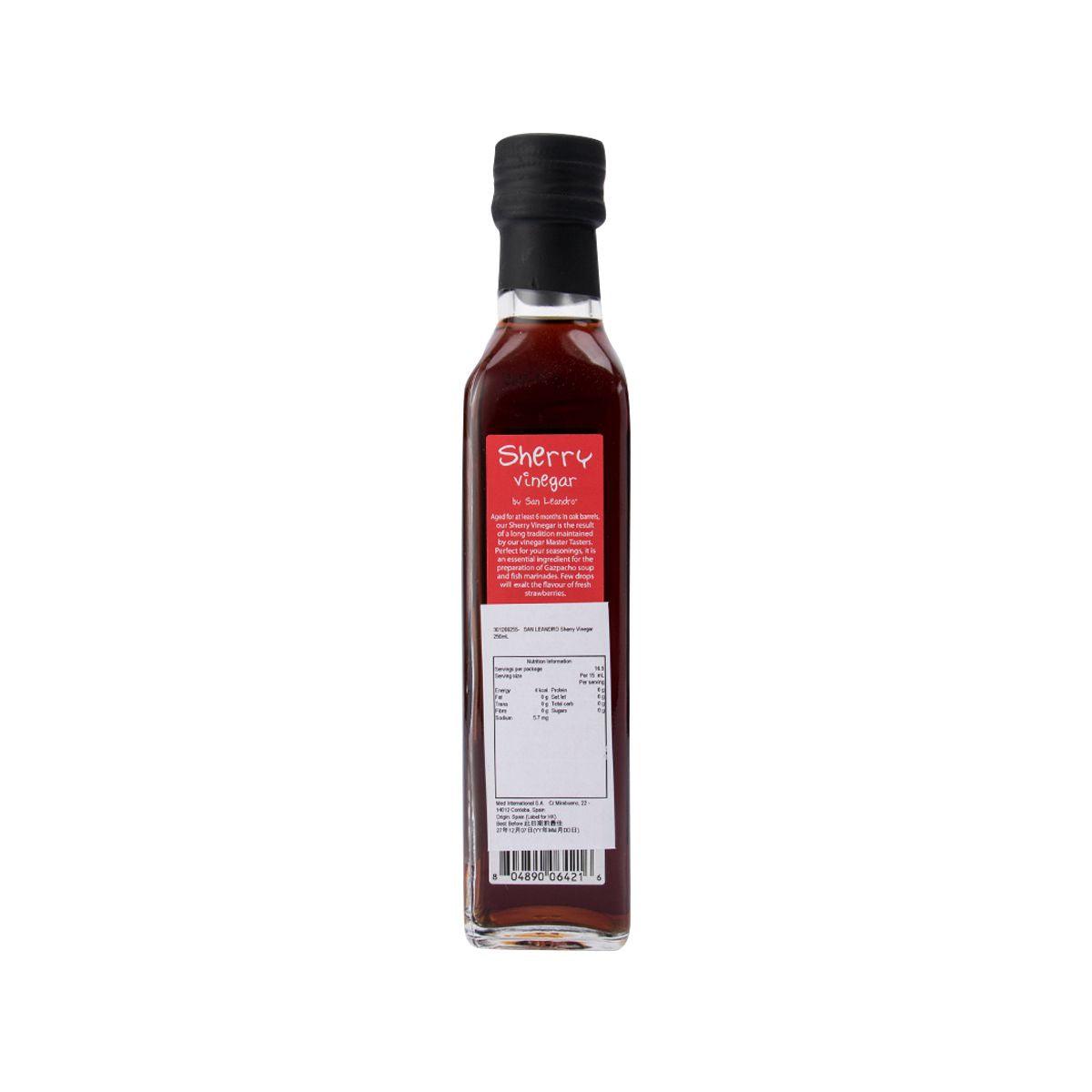 Vinegar bottle with back label, dark amber liquid, black screw cap, nutrition panel