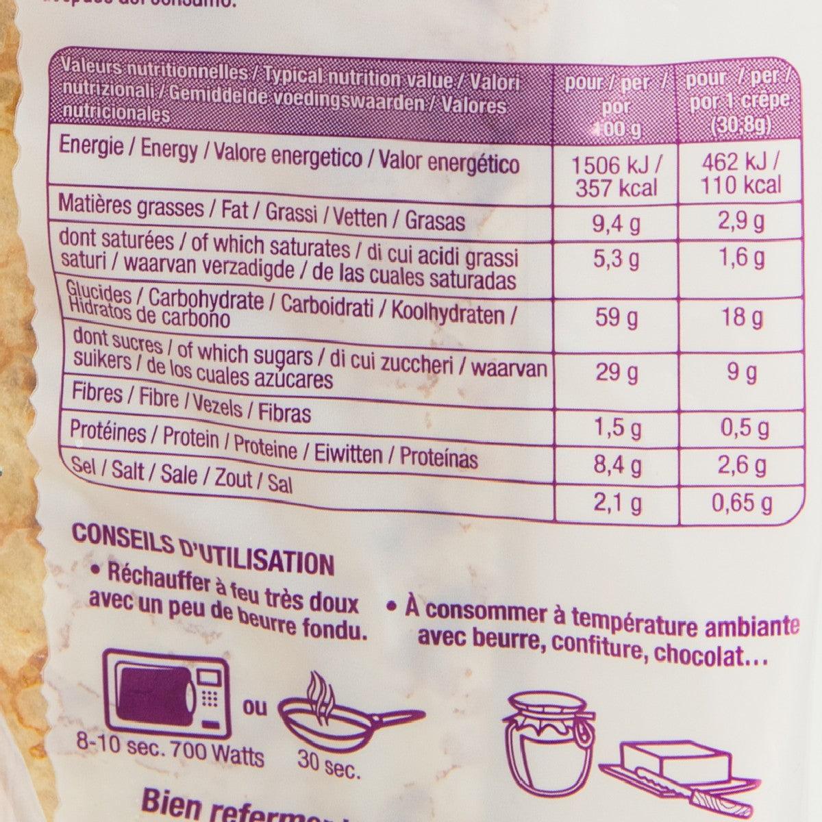 Crepe package label panel with nutrition facts and usage instructions