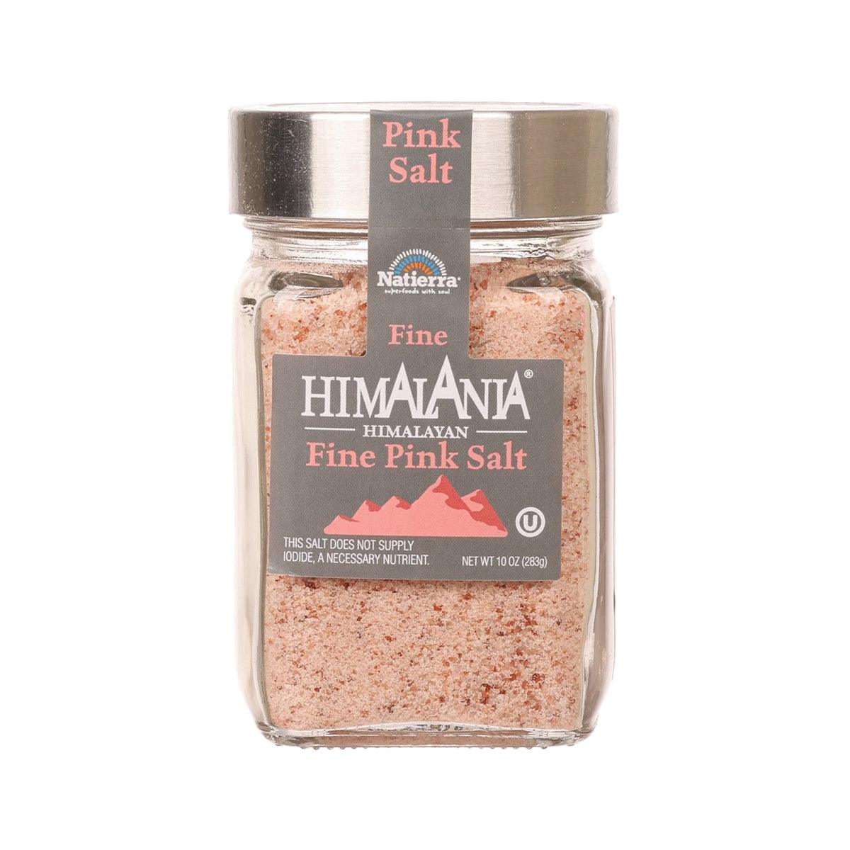 NATIERRA fine pink salt jar with stainless lid, pink salt granules and front label