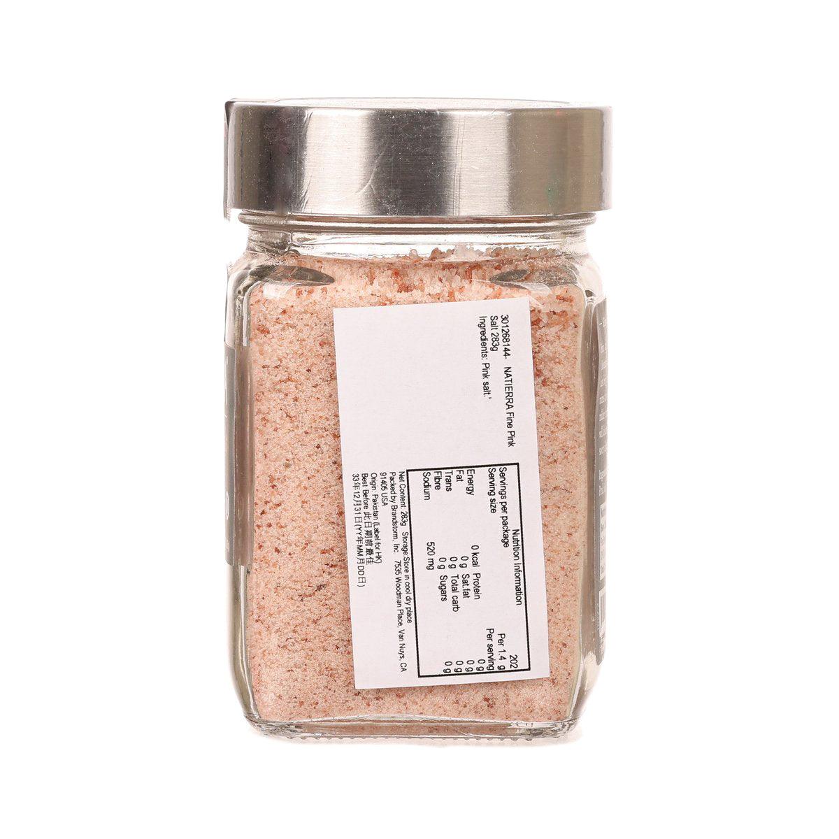 NATIERRA fine pink salt jar with back label and pink salt granules