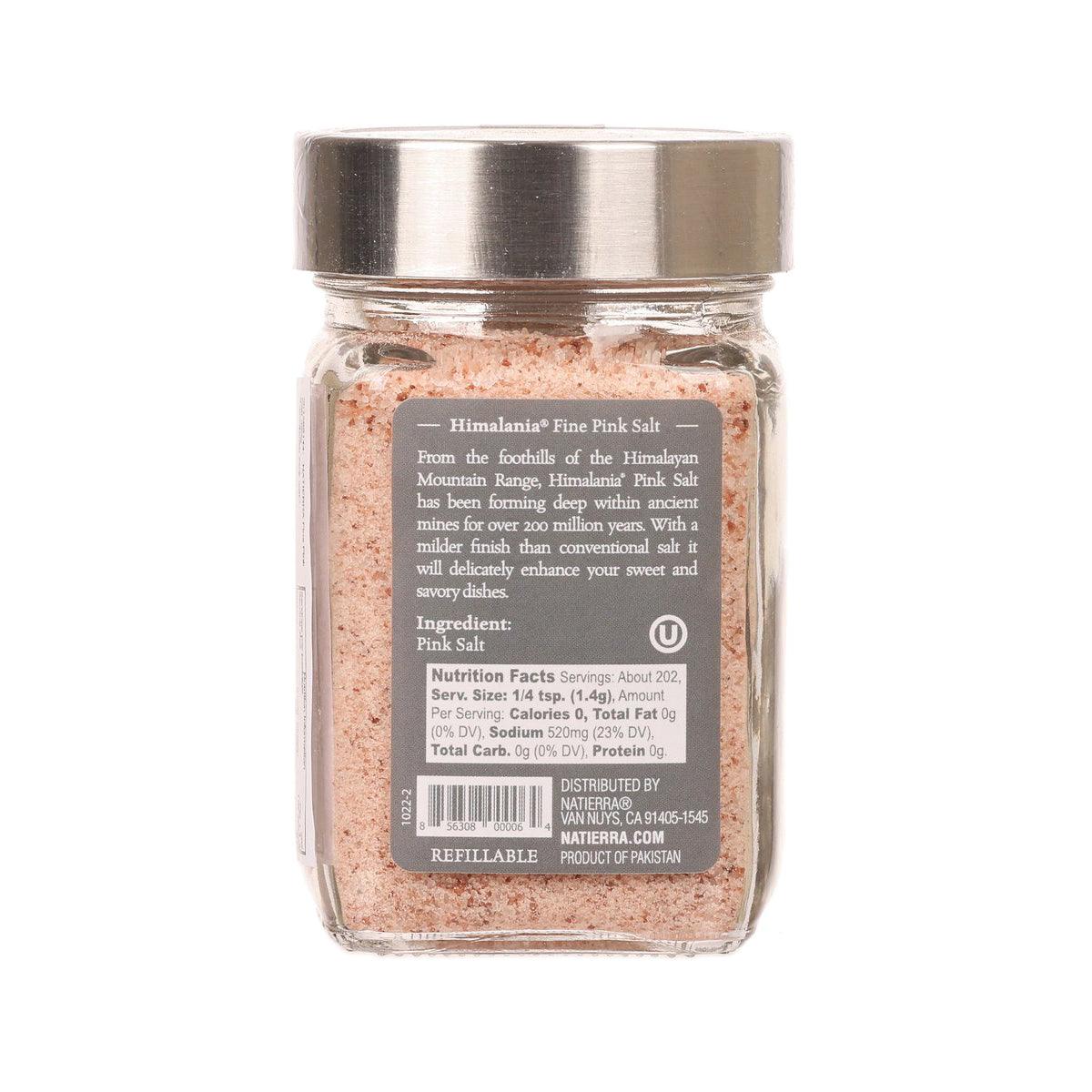 NATIERRA fine pink salt jar with nutrition label and pink salt granules