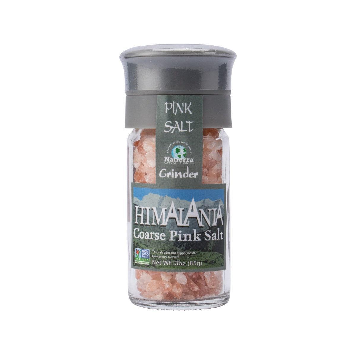 NATERRA Himalayan coarse pink salt grinder with clear jar and dark lid