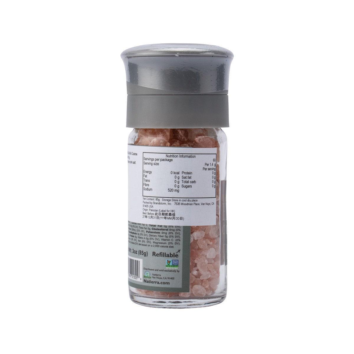 NATERRA Himalayan coarse pink salt grinder, back label with refillable info