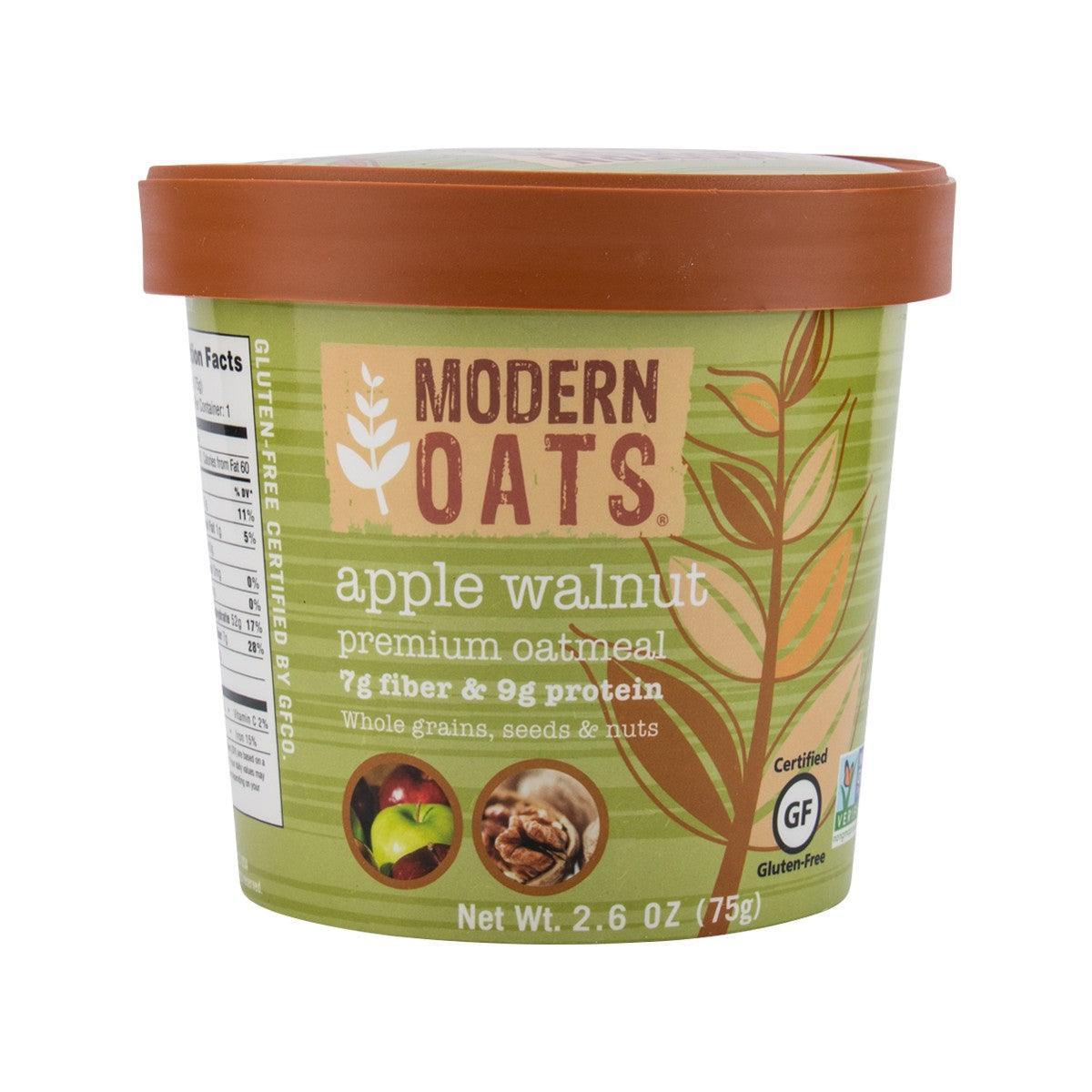 MODERN OATS apple walnut oatmeal cup with orange lid and green label