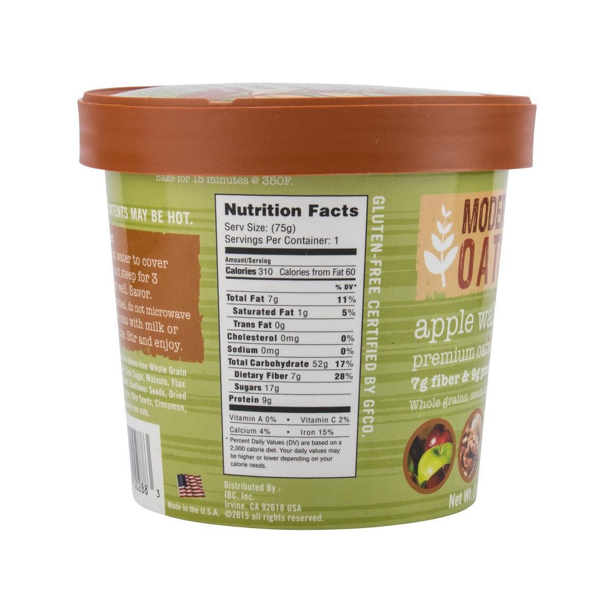 MODERN OATS apple walnut oatmeal cup back panel with Nutrition Facts box