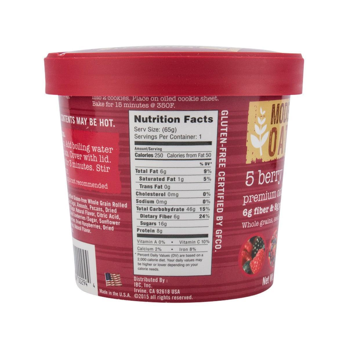 Oatmeal cup side panel with Nutrition Facts and serving info, red lid