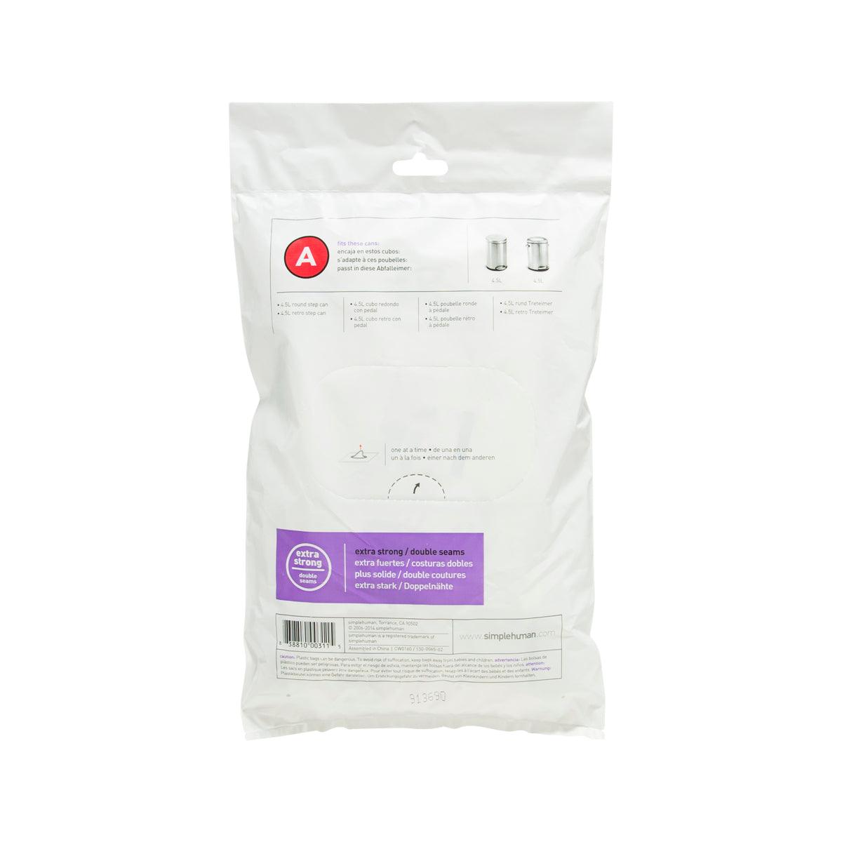 Simplehuman 4.5L trash bag Code A, back side with instructions and icons