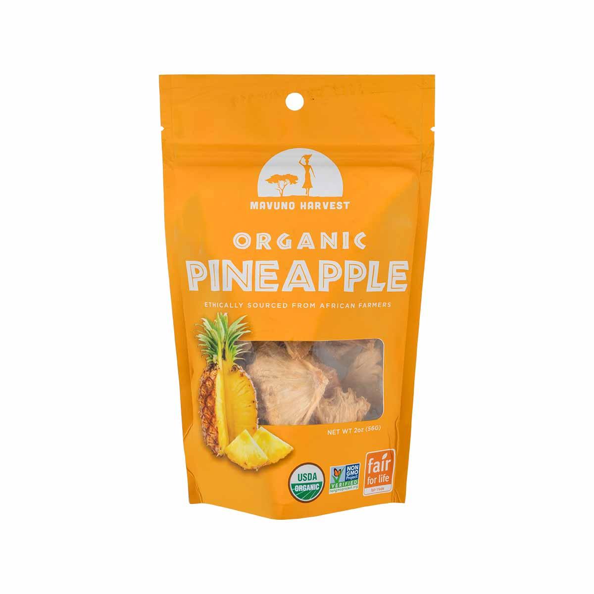 Organic dried pineapple pouch 56g by MAVUNO HARVEST, yellow with fruit graphic