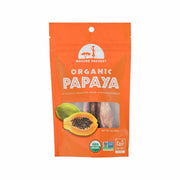 Organic dried papaya bag with orange packaging and papaya fruit graphic